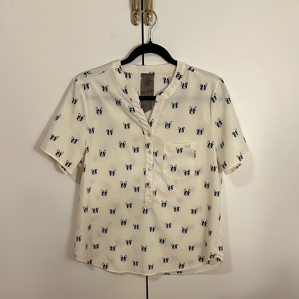 Moon Collection Cream Popover Blouse with Navy Dog Motif